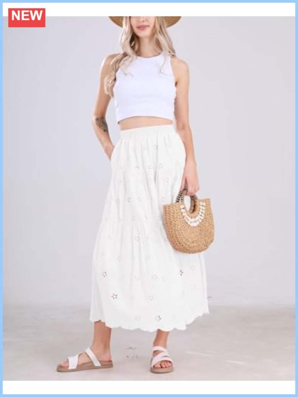 Lace Eyelet Embroidery High Waist Flowy Swing Midi Skirt - Picture 5 of 6